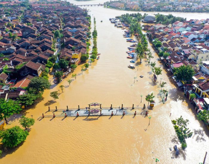 Stunning aerial image of Hoi An, Vietnam flooding with river overflow.